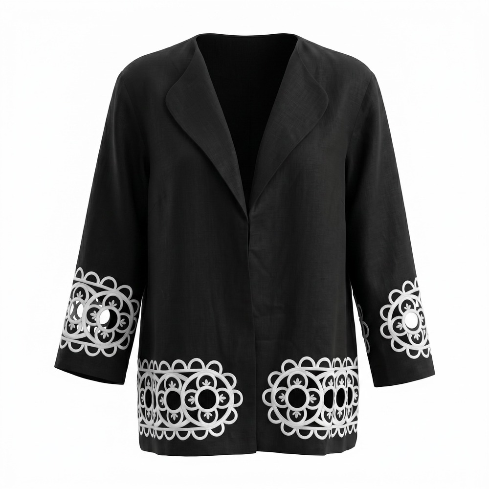Bob Mackie Wearable Art Blazer Womens L Embroidered Cutout Jacket Linen Blend‎